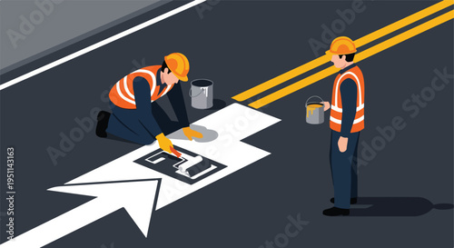 Two workers paint road markings, one applying a stencil with white paint