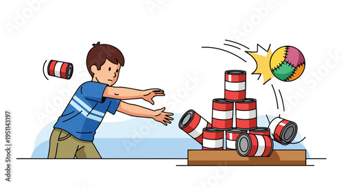 Boy playing a carnival game, knocking over stacked cans with a ball