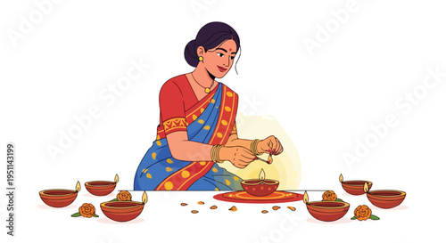 Woman lights decorative clay lamps with flowers and scattered petals