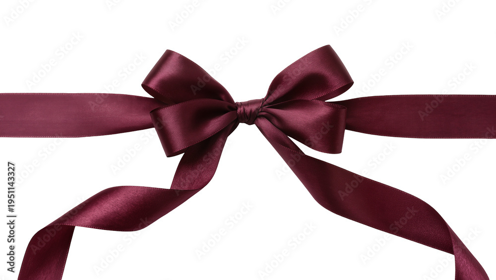 Obraz premium Elegant dark red burgundy satin ribbon bow, beautifully tied and isolated for festive gift wrapping and decorative design elements PNG