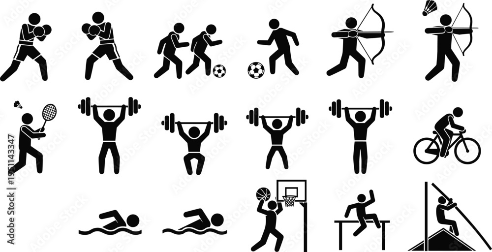 Obraz premium sports, icons, athletes, activities, fitness, training, football, boxing, archery, cycling, swimming, basketball, weightlifting, running, competition, 