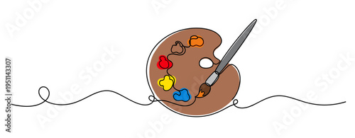 Artist palette with brush resting on continuous line background. no editable strokes
