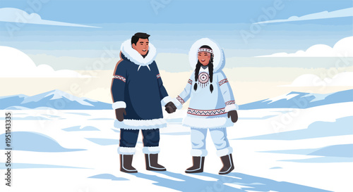Couple in traditional arctic winter parkas smiling and holding hands in snowy landscape