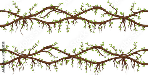 Two Sets of Twisted Brown Tree Branches and Climbing Jungle Liana Vines with Small Green Leaves and Hanging Roots Isolated on White Background for Design