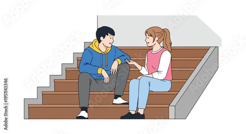 Two young people sit on wooden steps, talking casually