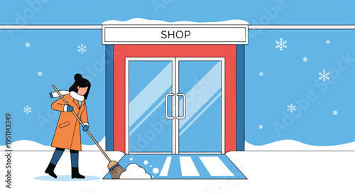 Person sweeping snow in front of a shop in a winter scene