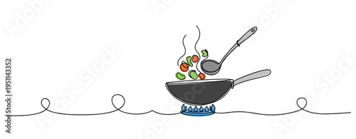 Vegetables being tossed in frying pan over gas stove. no editable strokes