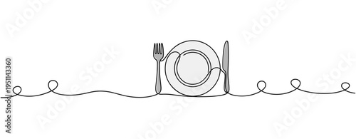 Plate with fork and knife arranged on white background. no editable strokes