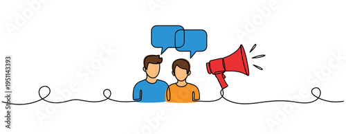 Two people discussing with megaphone in continuous line illustration. no editable strokes