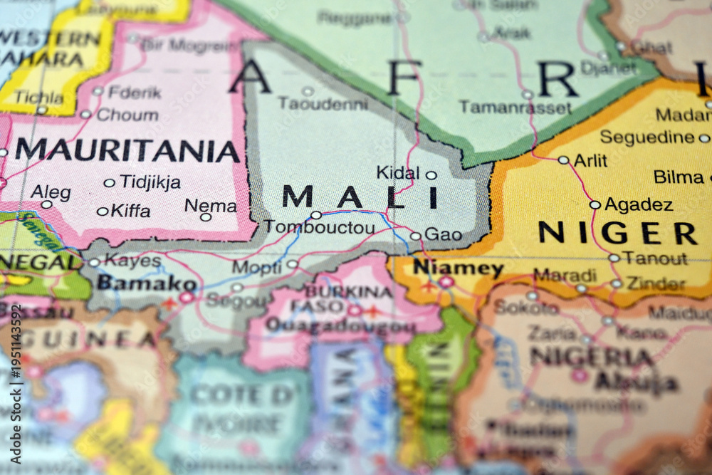 Naklejka premium Mali Close Up Macro World Map Bokeh Background Geographic Image