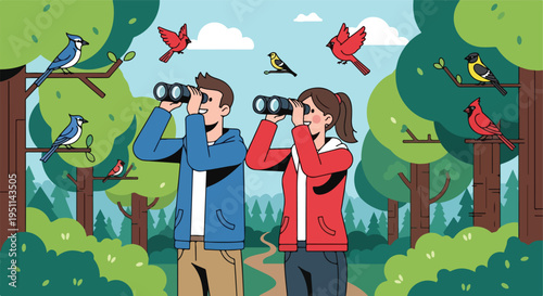People birdwatching in a forest with binoculars and various bird species