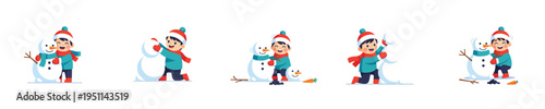 Boy building snowman winter fun scene