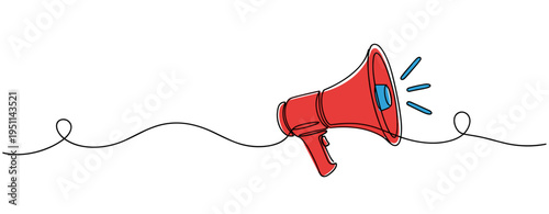 Red megaphone tilted on continuous line art background. no editable strokes
