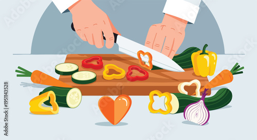 Hands chopping colorful bell peppers, zucchini, carrots, and onions on a wooden cutting board