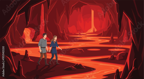 Two people walk through a fiery cave with molten lava rivers