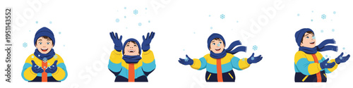 Boy enjoying snowfall with happy expressions