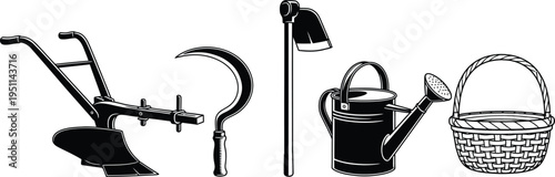 A collection of vintage farming implements including a plow, sickle, hoe, watering can, and basket are displayed.