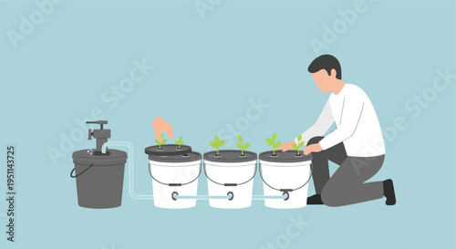Person tending to a hydroponic system with multiple buckets and plants