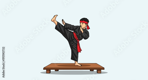 Young boy in traditional black martial arts uniform with red sash and headband kicks
