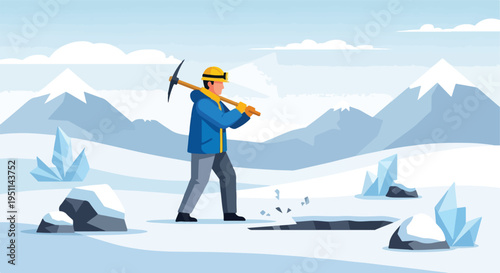 Miner with pickaxe in icy, mountainous terrain, breaking ice
