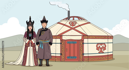 Couple in traditional attire stands before a yurt with patterned details