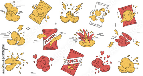 Spicy potato chips cartoon vector set with snack explosions, flavor bursts, crispy slices, packaging bags and dynamic doodle elements in bold colorful hand drawn style