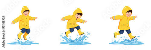 Boy jumping in puddles wearing yellow raincoat