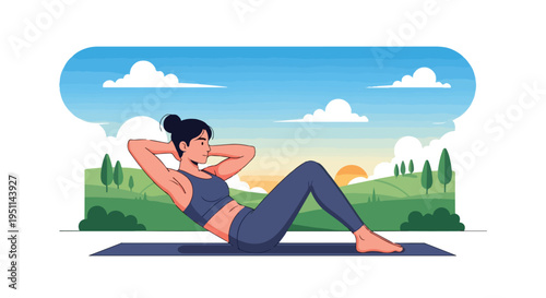 Woman doing sit-ups in a scenic outdoor setting at sunrise