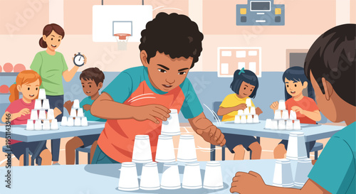 Children compete in a timed cup-stacking game led by an adult instructor
