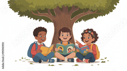 Diverse children reading books under a large tree symbolizing education and imagination perfect for back to school or learning concepts