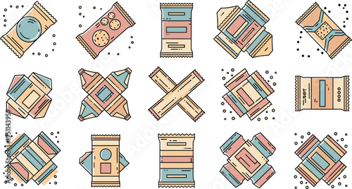 Abstract biscuit packaging pattern collection with geometric snack wrappers in pastel colors, modern flat vector design for branding, textile, background and decorative use