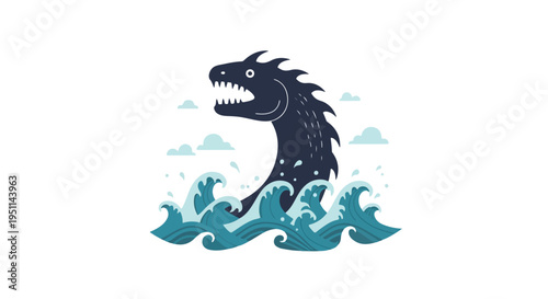 A stylized dark creature with sharp teeth emerges from choppy blue waves