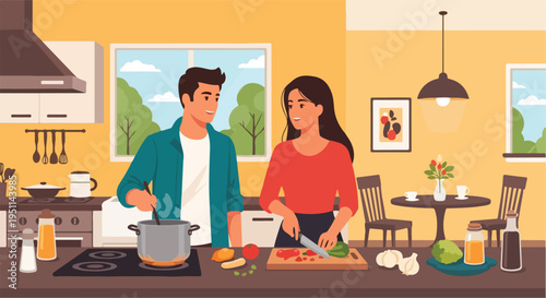 Couple prepares food together in a bright kitchen with windows showing a sunny day