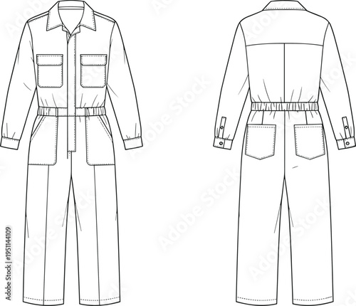 CAD drawing flat vector illustration, fashion technical sketch, utility jumpsuit, long sleeve coverall, pockets design, workwear apparel, unisex clothing template