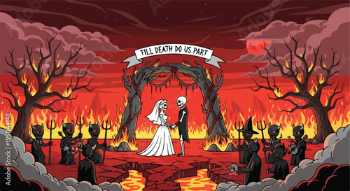 A skeletal bride and groom are married in a fiery hellscape with demons as guests