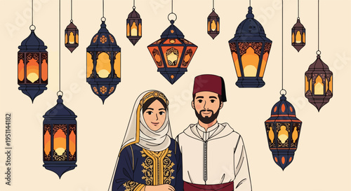 Diverse Islamic figures and ornate lanterns adorn a warm, festive background