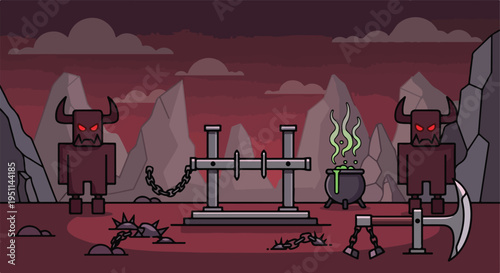Two demonic figures stand guard near a cauldron and torture rack in a fiery landscape