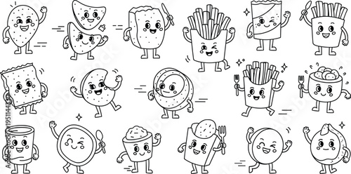 Cute fast food kawaii characters collection including fries, burger, pizza, taco, donut, popcorn, nuggets and drinks with funny faces doodle cartoon vector set