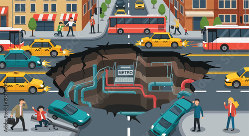 City street fractured, revealing pipes and subway, as cars crash and people react
