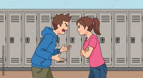 Two teens in conflict argue near lockers at school