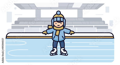 A child in winter clothing skates on an ice rink with stadium seating behind