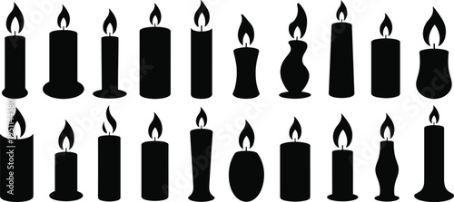 Candle silhouette vector set, black wax shapes, flame icons, decorative candle clipart, abstract candle designs, burning candle collection, isolated elements