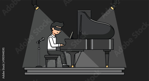 A blindfolded person plays a grand piano on stage under spotlights