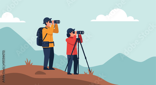 Two individuals observe distant scenery with binoculars in a mountainous landscape