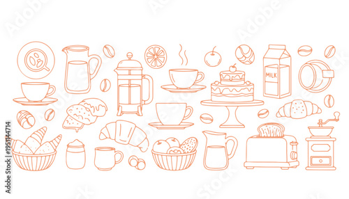 A collection of hand drawn coffee and breakfast items in a minimalist outline illustration style