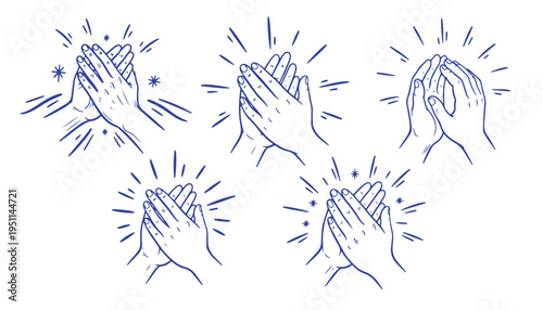 A collection of five blue line art illustrations showing human hands clapping in different angles