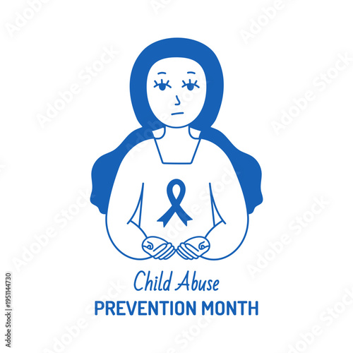Child abuse prevention month template. Blue social awareness ribbon and girl isolated on white background. Vector illustration in flat style for poster, card, info, print, social media
