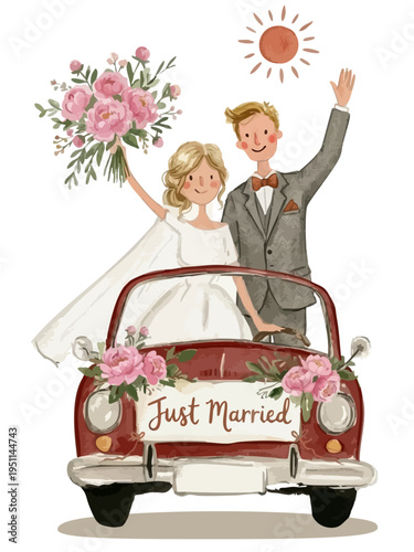 Just married romantic couple in vintage red car wedding illustration. Cute bride and groom waving in retro car with flowers. Whimsical watercolor wedding illustration with just married sign