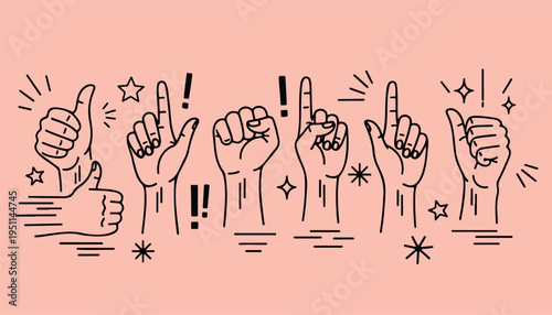A collection of hand gestures including thumbs up and pointing fingers in a minimalist line style