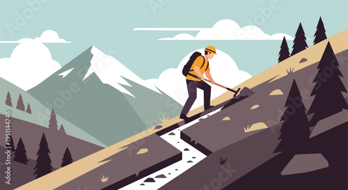 A person in a yellow hard hat digs on a rocky slope with mountains